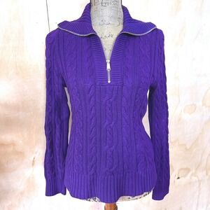 Ralph Lauren Womens Sz PM Purple Cable Knit Sweater Jacket 1/4 Zip Chunky Preppy